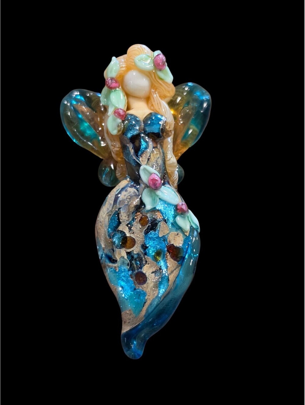 Artesian Handmade Fairy Lampwork Glass Focal Bead Pendant Blue w/ Flowers 2.5"